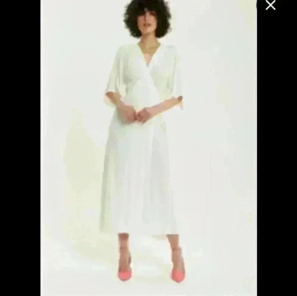 Midi white beach wedding wrap A line flared ruched  short sleeve dress M - Picture 1 of 5